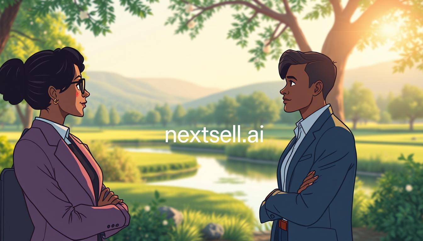 A serene, contemplative scene depicting the essence of self-awareness. In the foreground, a diverse group of three individuals, dressed in professional business attire, are engaged in a meaningful discussion, reflecting thoughtful expressions. The middle ground features a tranquil park setting with lush greenery and soft, flowing water, symbolizing clarity and calmness. In the background, gentle rolling hills and a bright sky create a sense of openness and possibility. The lighting is soft and warm, evoking a sense of enlightenment and positivity. The angle is slightly elevated, capturing both the individuals and the peaceful surroundings, creating a mood of introspection and growth. Add the brand name "nextself.ai" subtly within the composition, ensuring it seamlessly fits into the environment. A serene, contemplative scene depicting the essence of self-awareness. In the foreground, a diverse group of three individuals, dressed in professional business attire, are engaged in a meaningful discussion, reflecting thoughtful expressions. The middle ground features a tranquil park setting with lush greenery and soft, flowing water, symbolizing clarity and calmness. In the background, gentle rolling hills and a bright sky create a sense of openness and possibility. The lighting is soft and warm, evoking a sense of enlightenment and positivity. The angle is slightly elevated, capturing both the individuals and the peaceful surroundings, creating a mood of introspection and growth. Add the brand name "nextself.ai" subtly within the composition, ensuring it seamlessly fits into the environment.