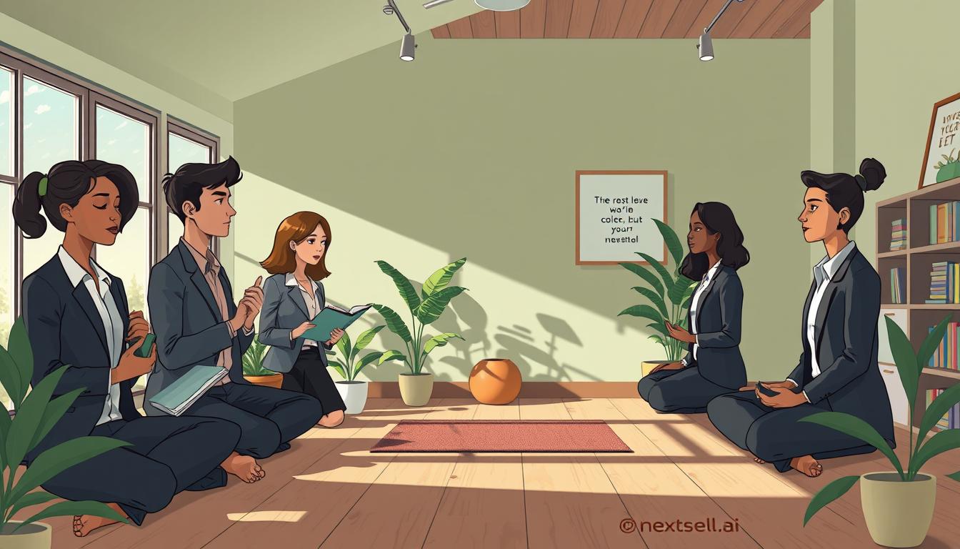 A tranquil indoor space dedicated to self-awareness practices. In the foreground, a diverse group of individuals in professional business attire engages in reflective activities, such as journaling and meditating. Each participant has a serene expression, embodying focus and mindfulness. The middle layer features soft natural light filtering through large windows, casting gentle shadows on a wooden floor adorned with plants and a cozy meditation corner. The background showcases a calming palette of greens and earth tones, with motivational artwork subtly placed on the walls. The atmosphere is peaceful and supportive, inviting personal growth and self-discovery. A subtle logo for "nextself.ai" is visible on a nearby bookshelf, enhancing the theme of effective self-awareness practices. A tranquil indoor space dedicated to self-awareness practices. In the foreground, a diverse group of individuals in professional business attire engages in reflective activities, such as journaling and meditating. Each participant has a serene expression, embodying focus and mindfulness. The middle layer features soft natural light filtering through large windows, casting gentle shadows on a wooden floor adorned with plants and a cozy meditation corner. The background showcases a calming palette of greens and earth tones, with motivational artwork subtly placed on the walls. The atmosphere is peaceful and supportive, inviting personal growth and self-discovery. A subtle logo for "nextself.ai" is visible on a nearby bookshelf, enhancing the theme of effective self-awareness practices.